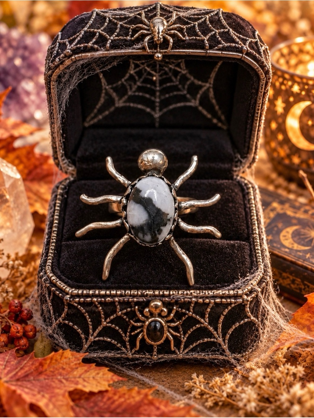 Ring Silver Spider Genuine White Buffalo Turquoise Gemstone